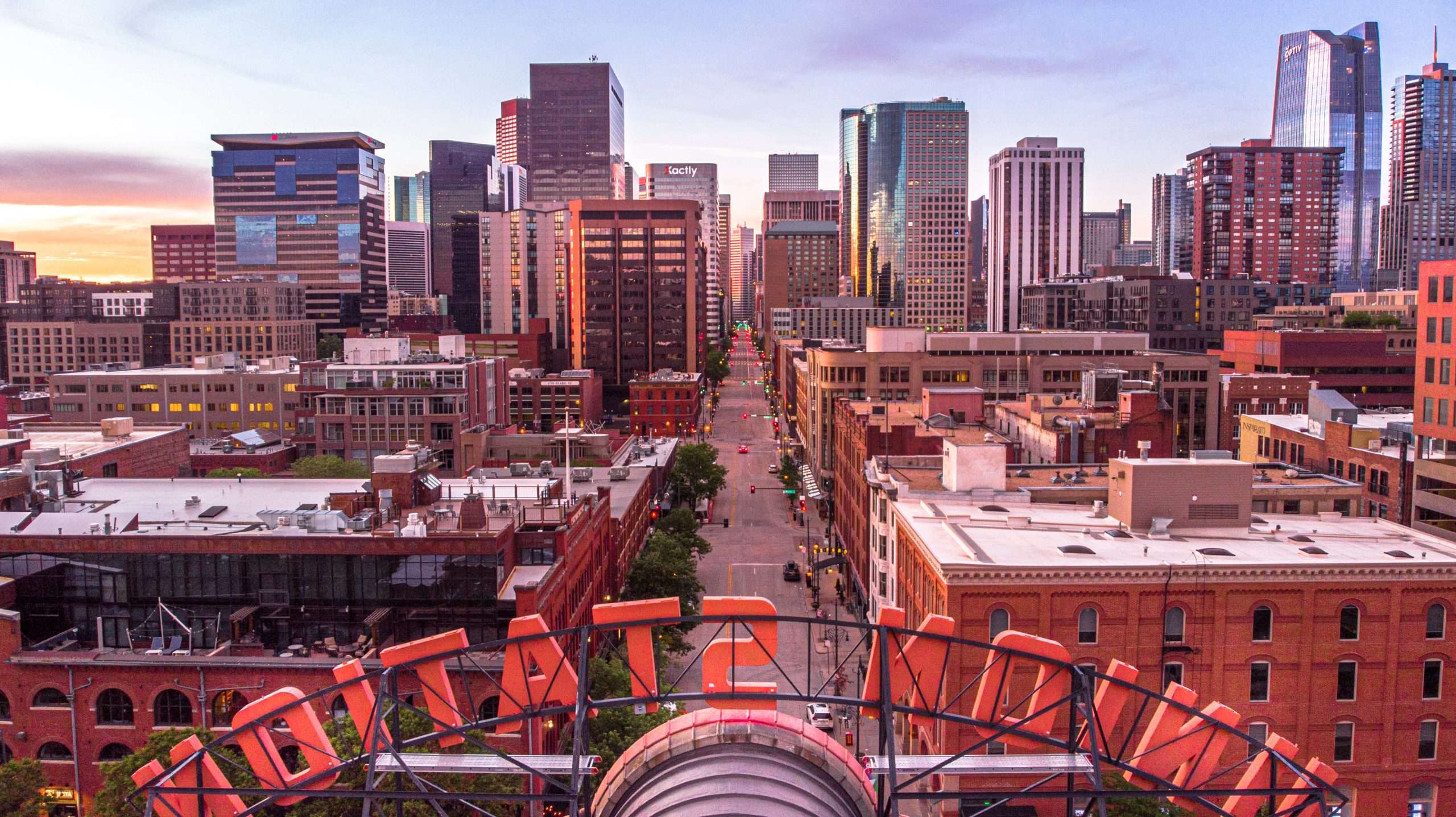 Aerial view of downtown Denver, Colorado at sunset