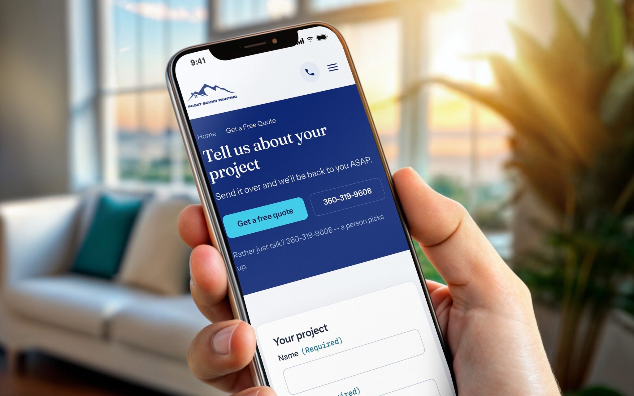 Puget Sound Painting free quote form on a phone