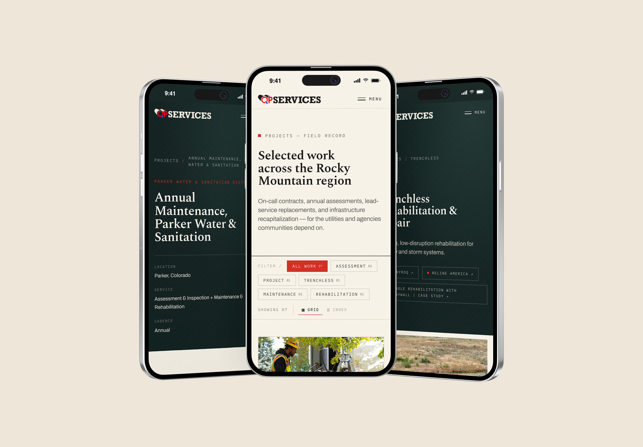 QP Services Field Record projects index and project case studies on three phones